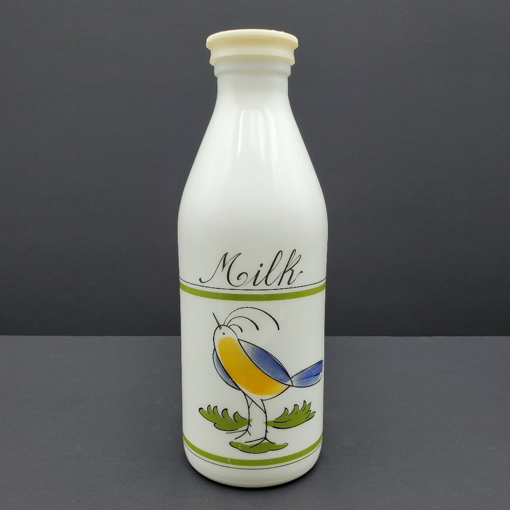 Egizia White Milk Glass Milk Bottle with Bird 1 Quart Milk Container Plastic Lid